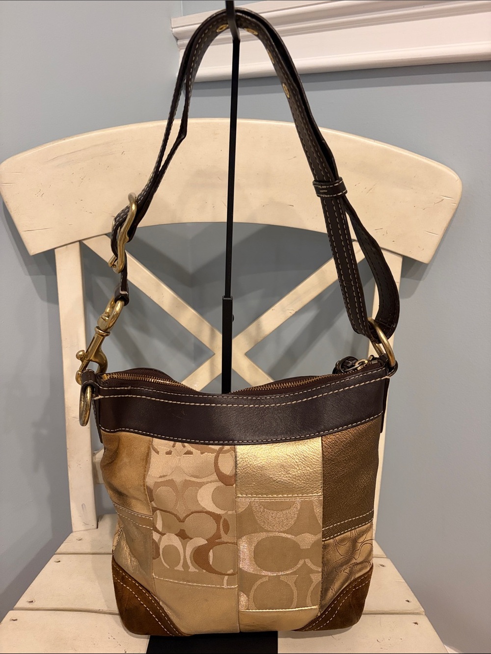 Coach Vintage Patchwork Metallic Shoulder Hobo Bag in Gold and Brown F10387